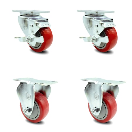 3.5 Inch Red Polyurethane Swivel Top Plate Caster Set With 2 Brake 2 Rigid SCC